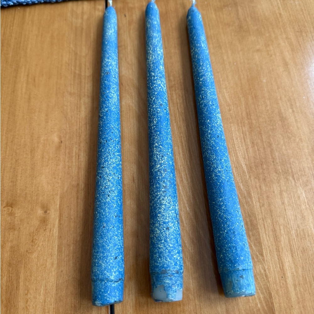 Blue Stippled Taper Candles to add to your decor. Perfect for your next event.